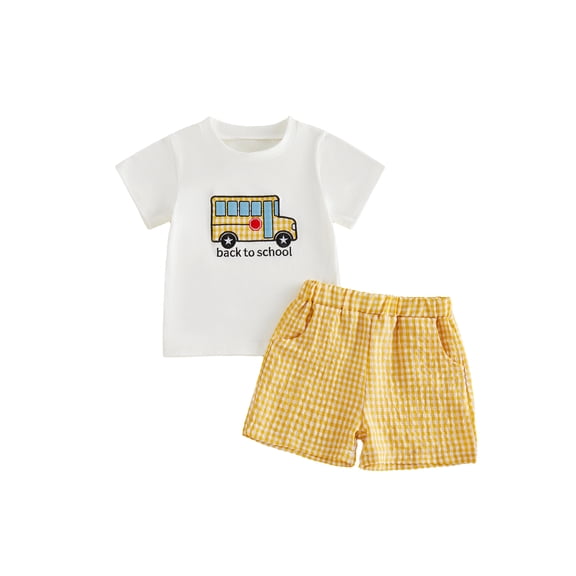 BemeyourBBs Toddler Baby Boy Back to School Outfit Pre Kindergarten Outfits Little Baby Boy Summer Clothes Cute Bus Embroidered Short Sleeve T-shirt and Pockets Plaid Shorts 2 Piece Summer Set
