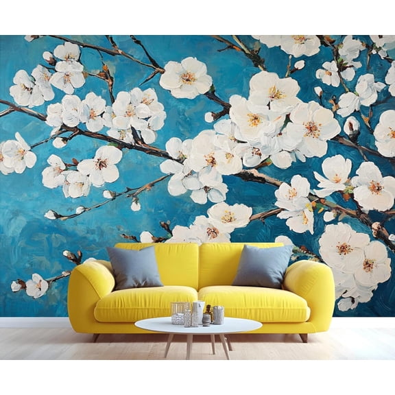 White Flowers Mural Wallpaper - Blue Mural, Classic Large Murals For Living Room Bedroom, Floral Wallpaper For Wall 79"W x 55"H (Not Peel and Stick)