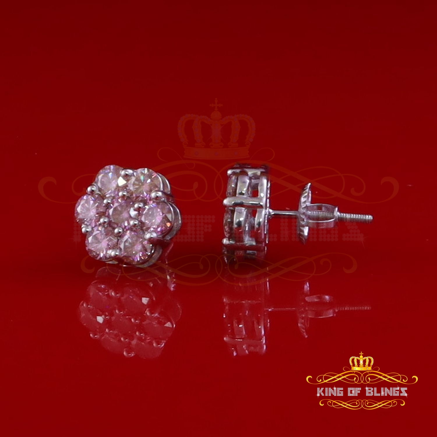 King of Bling's 925 Silver White 2.25ct VVS D Pink Moissanite Floral Men's/Women's Stud Earrings