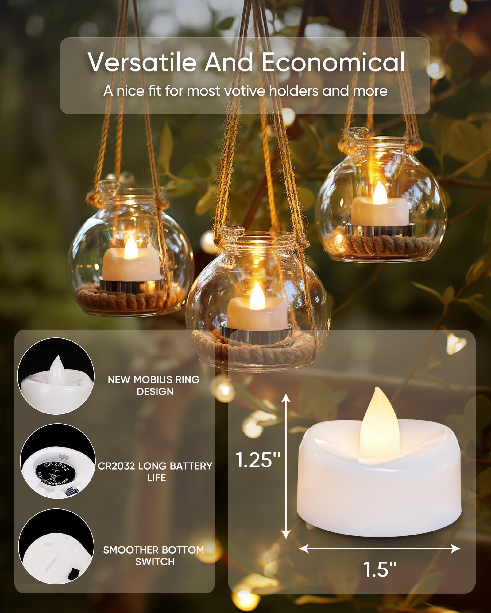 Merrynight LED Flameless Tealight Candles, Battery Operated, Realistic Flickering, Long-Lasting 200 Hours, 100-Count, 1.5 x 1.25 Inch