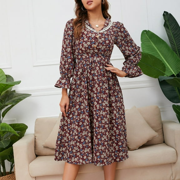 Sentmoon Vintage Womens Dresses Long Sleeve Lapel Holiday Dresses for Women Elegant Fashion Floral Print Midi Dresses,Plus Size Fashion Women Clothing Wine S Fall Saving