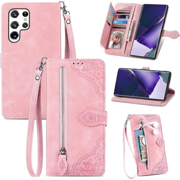 Zipper Storage Design Wallet Case for Samsung Galaxy S23 Ultra, Skin Friendly Feel Leather Case with Magnetic Clasp and Muliti-Card Slots Holster for Galaxy S23 Ultra,SZY Pink