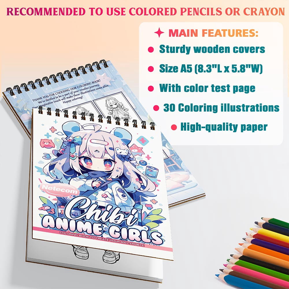 Netecom Chibi Anime Girls Coloring Book Spiral Bound for Adults and Anime Fans, A5 Wooden Cover, 30 Adorable Anime Characters Coloring Pages of Chibi Adventures for Stress Relief and Relaxation