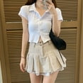 thumbnail image 3 of YEUHTLL Women School Girl Vintage Khaki Mini Pleated Skirt Harajuku Preppy Style Striped Buttons Zipper Double Layer Lace Trim Uniform Streetwear, 3 of 19