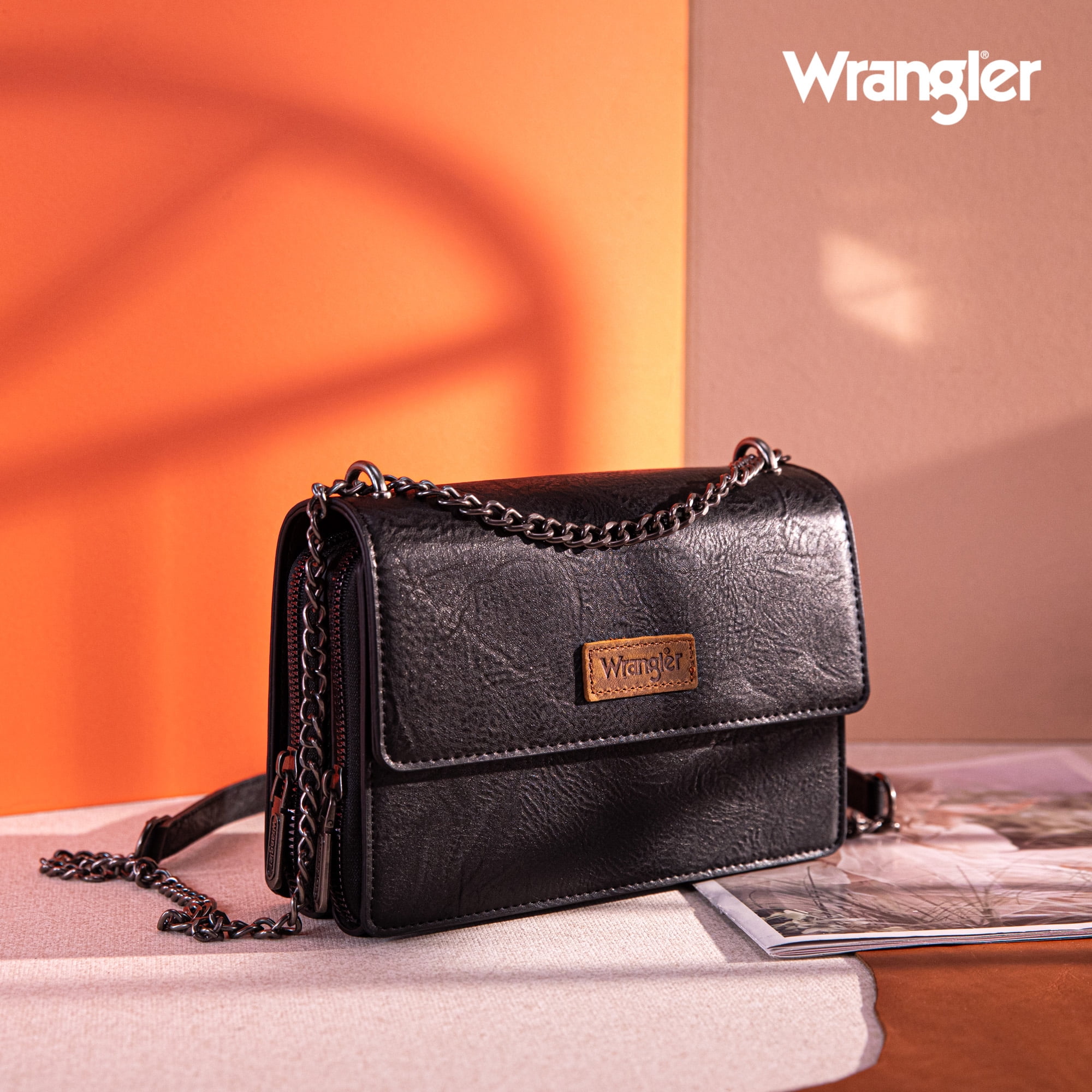 Wrangler Flap CrossBody Purse for Women Small Shoulder Bag with Chain Strap, Black
