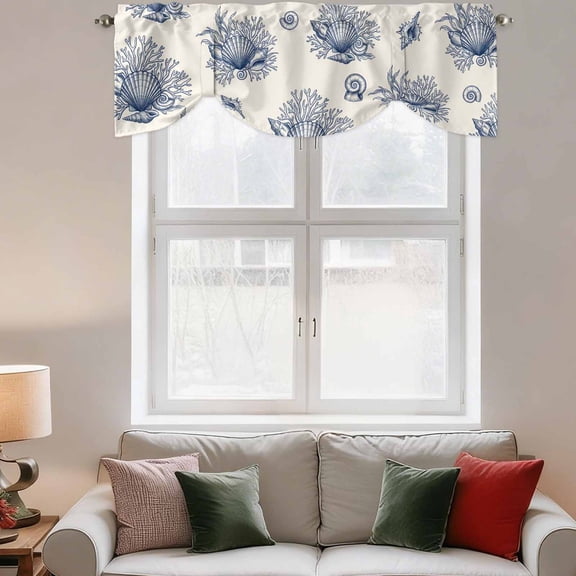 Tie Up Valance Curtain for Kitchen,Watercolor Blue Conch Shell Coral Rod Pocket Short Curtains Adjustable Tie-Up Shade Valances,Vintage Ocean Window Treatment for Bathroom Living Room Bedroom