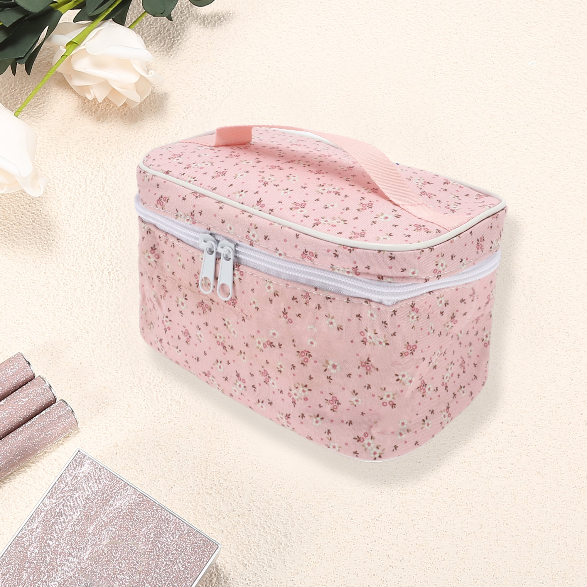 Unique Bargains 1Pc Women Floral Square Travel Cosmetic Bag for Outdoor Activities Pink