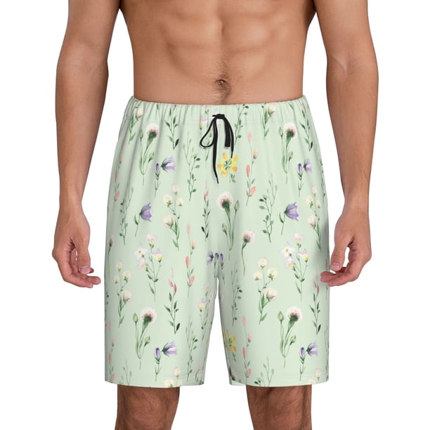 Balery Wildflower Watercolor 5 Pantalones cortos de pijama de punto de algodón para hombre con cinturilla y bolsillos-Small