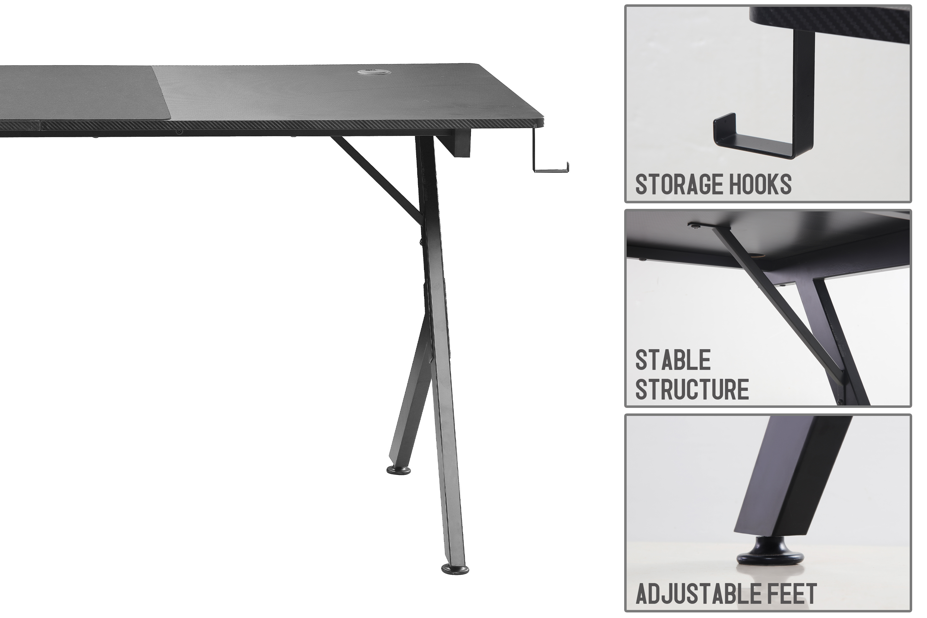 JJS Game Table 63 ", carbon fiber surface computer table, mouse pad, ergonomic e-sports style game table, dual headphone hooks, Black