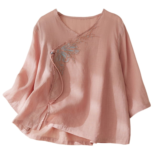 Birdeem Womens Summer Casual Solid Color Embroidered Loose Round Neck Three Quarter Sleeve Top