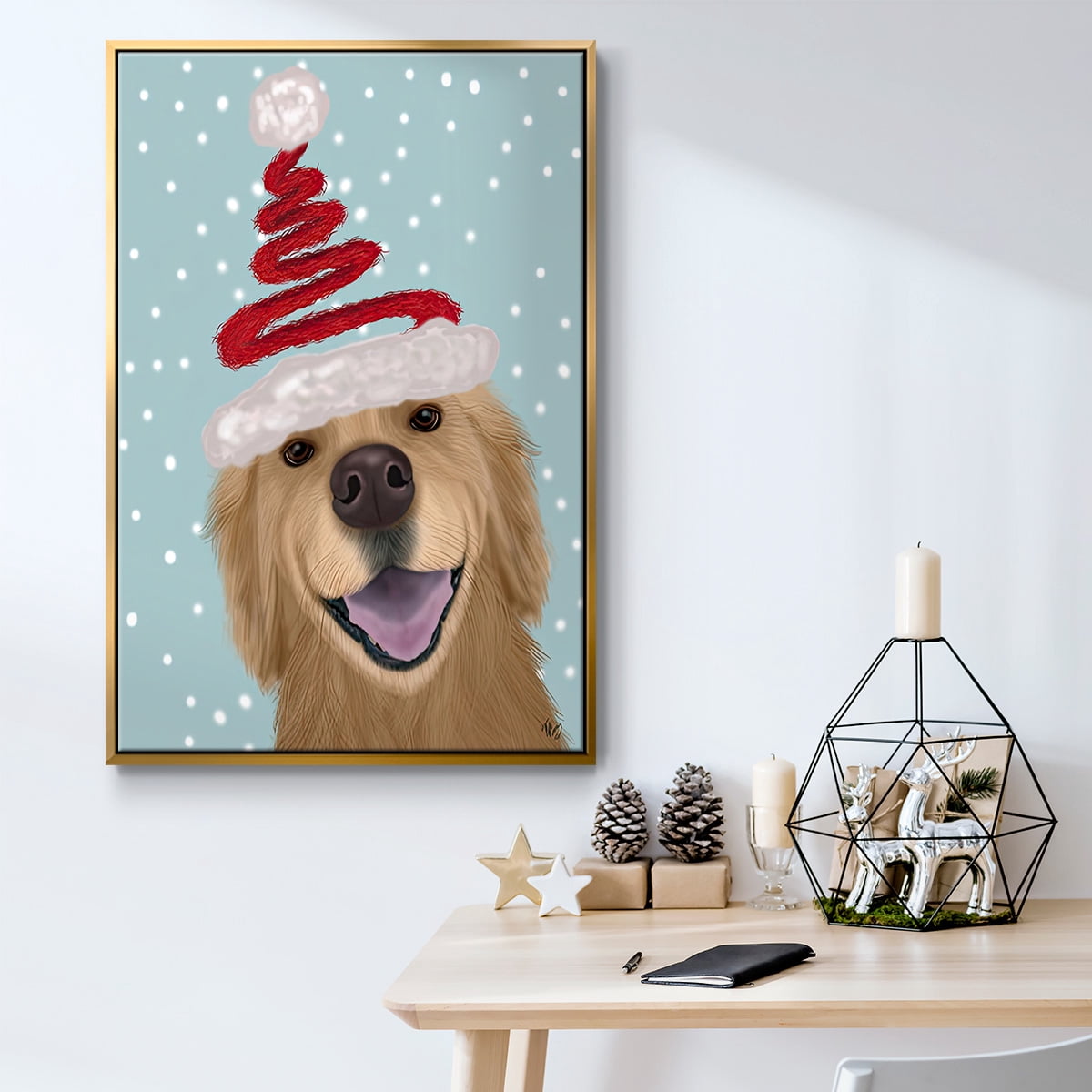 Christmas Golden Retriever and Spring Santa Hat - Framed Gallery Wrapped Holiday Canvas - 27 x 41 - Gold Frame