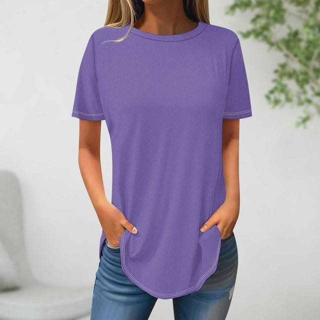 AherBiu Plus Size T Shirts for Women Crew Neck Loose Fitting T-Shirts Summer Causal Comfy Short Sleeve Tops Solid Color