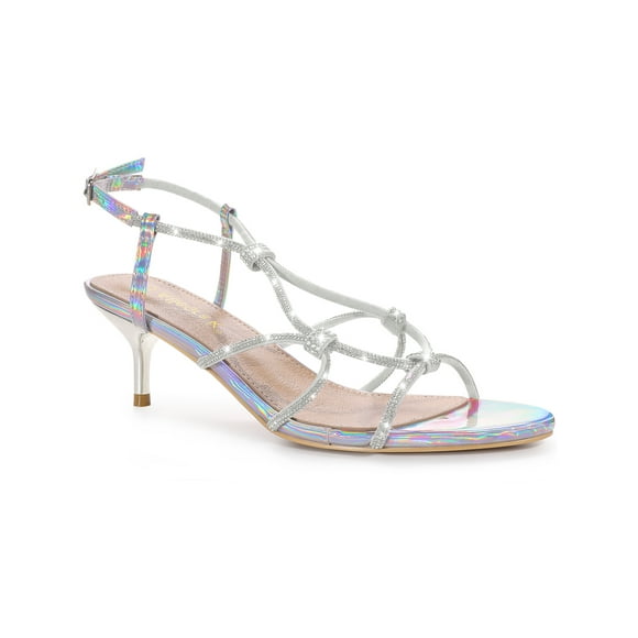 BLISSFUL STEP Women's Shoes Rhinestone Strap Slingback Kitten Heel Sandals Silver 8.5