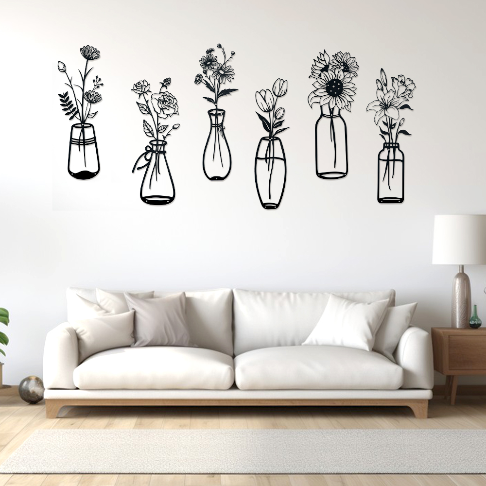 RETON 6 Pieces Black Metal Flowers Wall Decor Meta Vase Wall Art Wall Sculptures Hanging Minimalist  Natural Themed for Kitchen Bathroom Bedroom Living Room Indoor