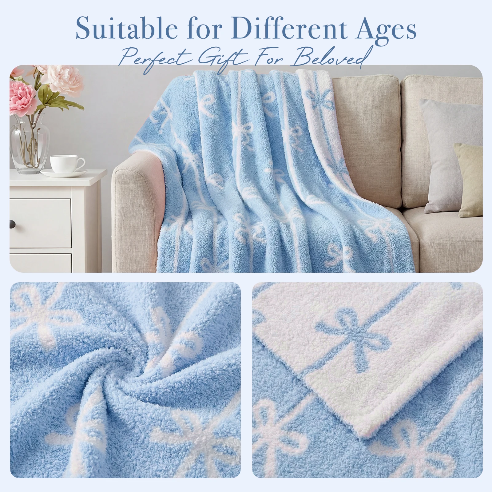 Catami Diamond Pattern Reversible Throw Blanket,Blue Bow,50*60