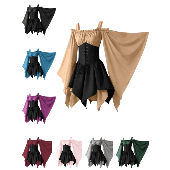 Busydd Women's Off Shoulder Gothic Dress Vintage Flutter Sleeve Lace Up Halloween Costumes Renaissance Colorblock Mini Dress for Party S