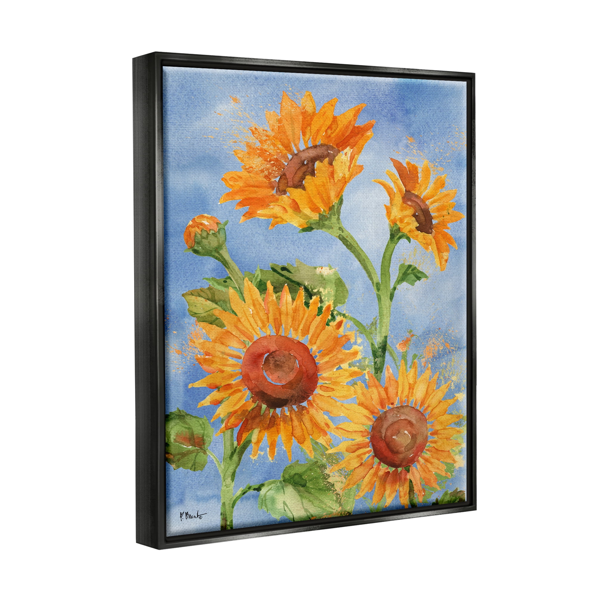 Stupell Industries Watercolor Sunflowers on Blue Botanical & Floral Painting Black Floater Framed Art Print Wall Art, 17 x 21