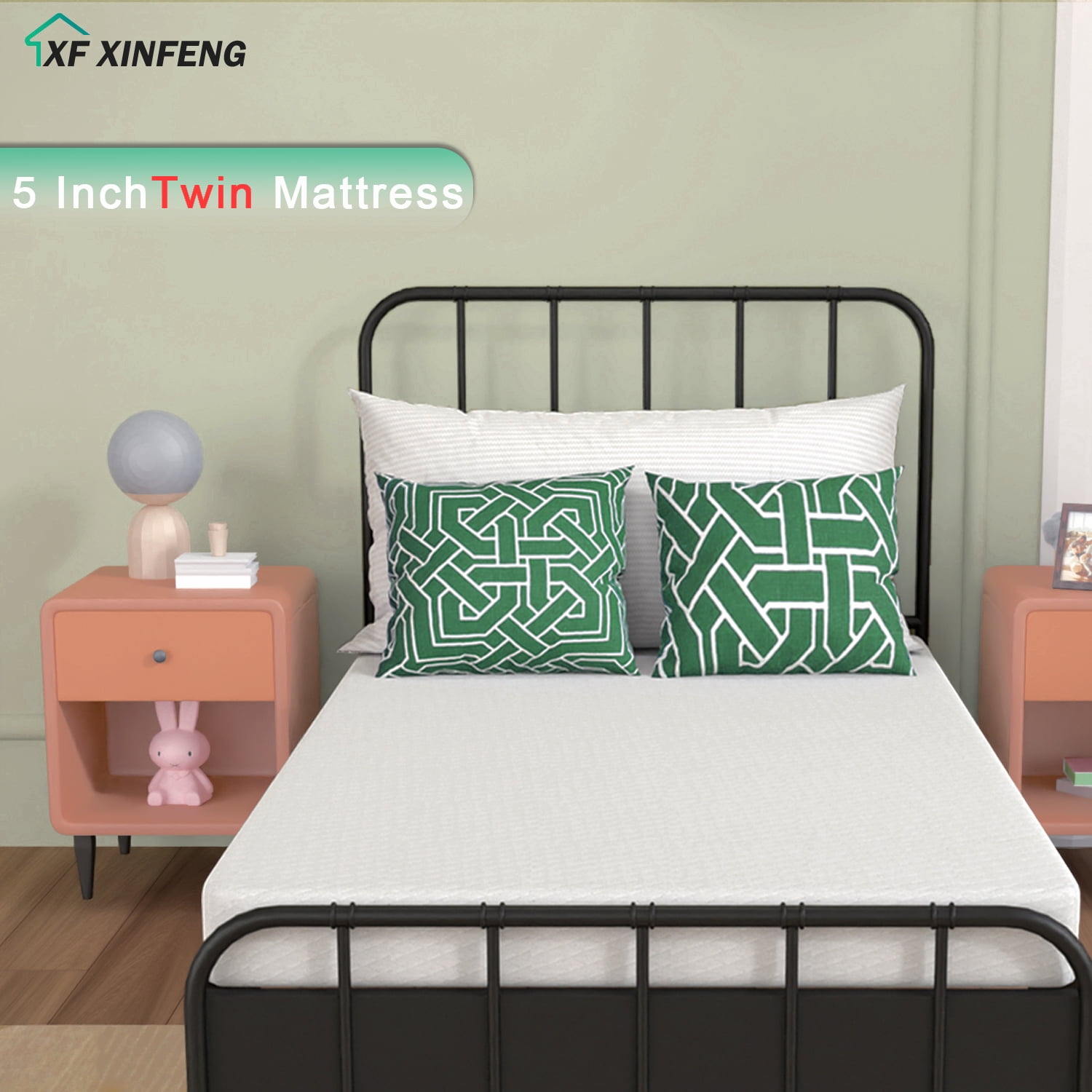 XF XINFENG 5" Twin  Memory Foam Mattress Fiberglass Free Single Medium Comfort Sleep & Comfy Support, White,Twin