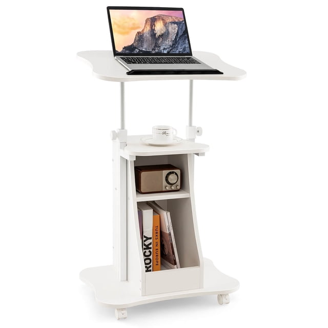 Gymax Chariot de Bureau pour Ordinateur Portable Assis-Debout Mobile à Roulettes Hauteur Réglable avec Rangement