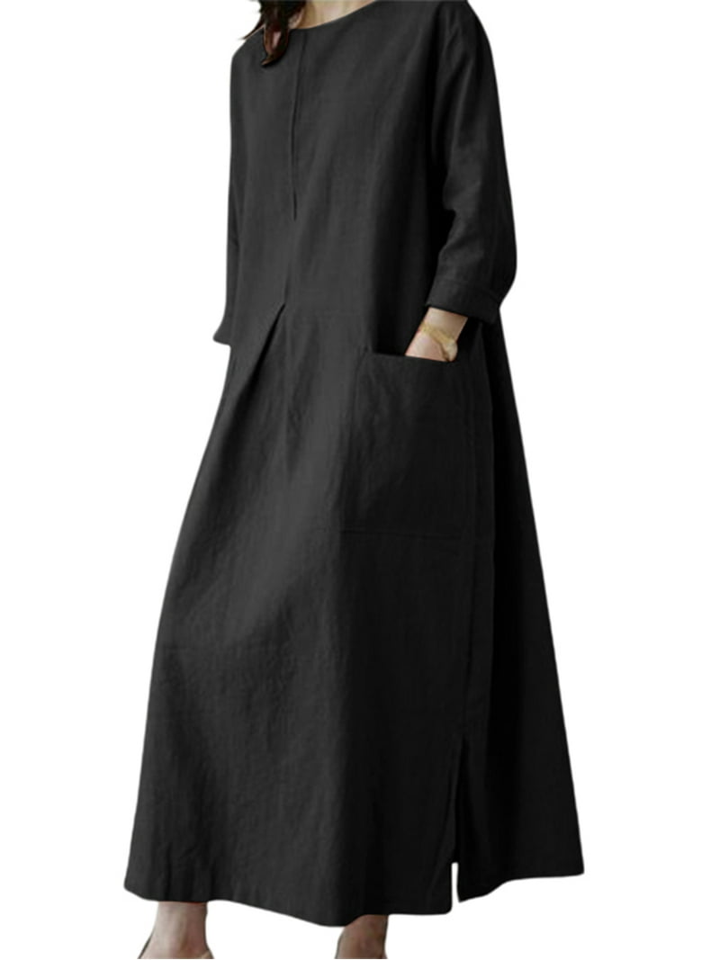 ZANZEA Women 3/4 Sleeved O-Neck Solid Colors Maxi Dress Baggy Kaftan Dresses  - Walmart.com