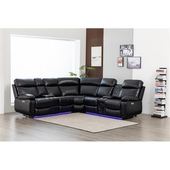 Hathrone Faux Leather Power Reclining Sectional LED USB and SubWoofer In Black