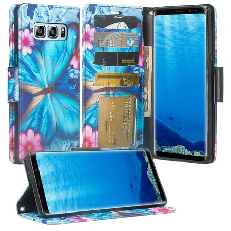 Galaxy Note 8 Case, Samsung Galaxy Note 8 Wallet Case, Flip Folio [Kickstand] Pu Leather Wallet Case with ID & Card Slots & Pocket + Wrist Strap for Galaxy Note 8 - Blue