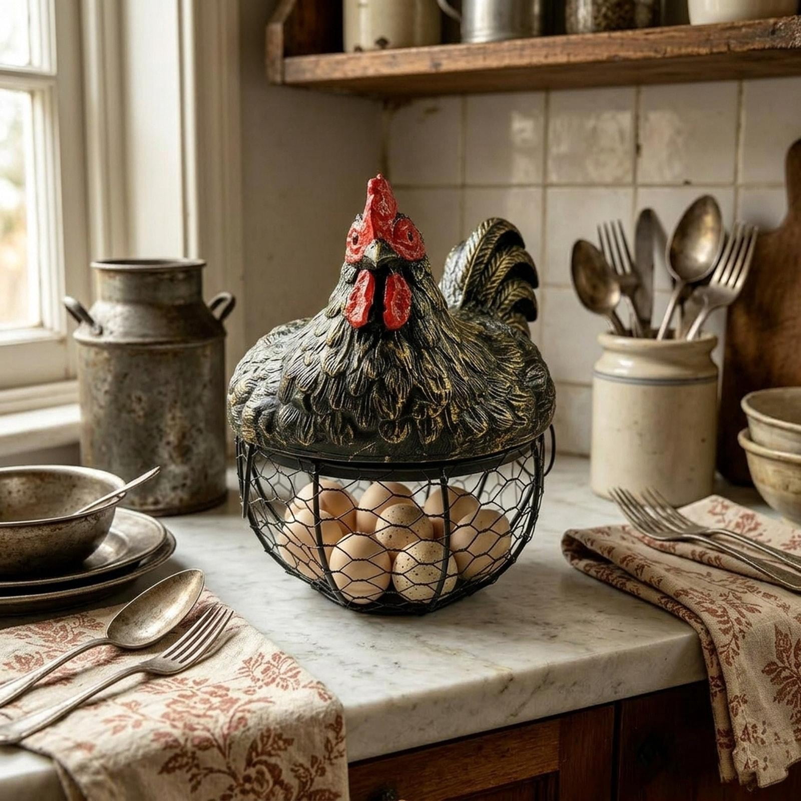 Fiocias Chicken Egg Basket Fresh Eggs Holder Large Capacity Round Decorative Egg Collecting Basket Container for Vegetable Countertop Gold