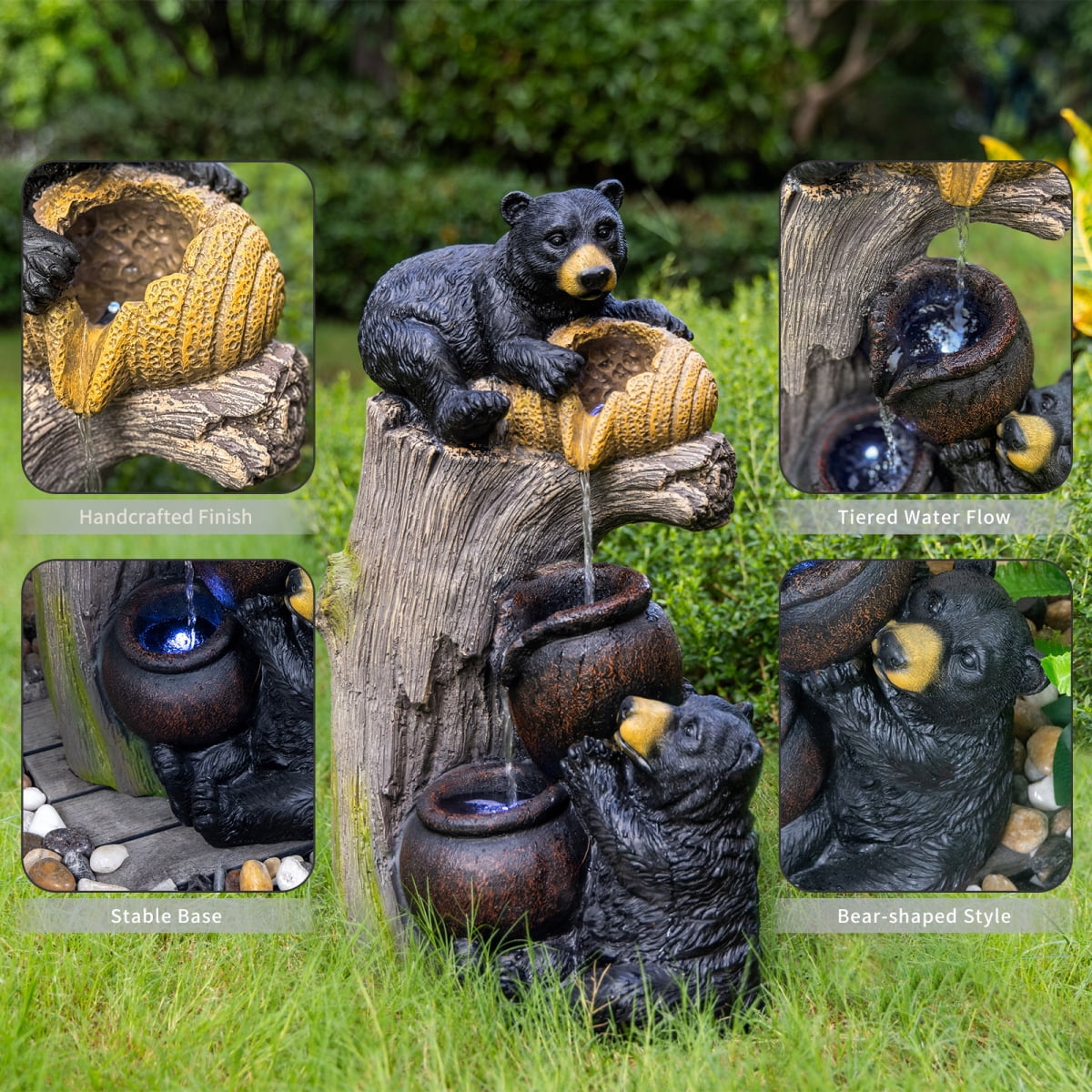 Bear Outdoor Water Fountain with LED Lights Cascading 23.62 Inch Garden Decor for Patio Yard Balcony