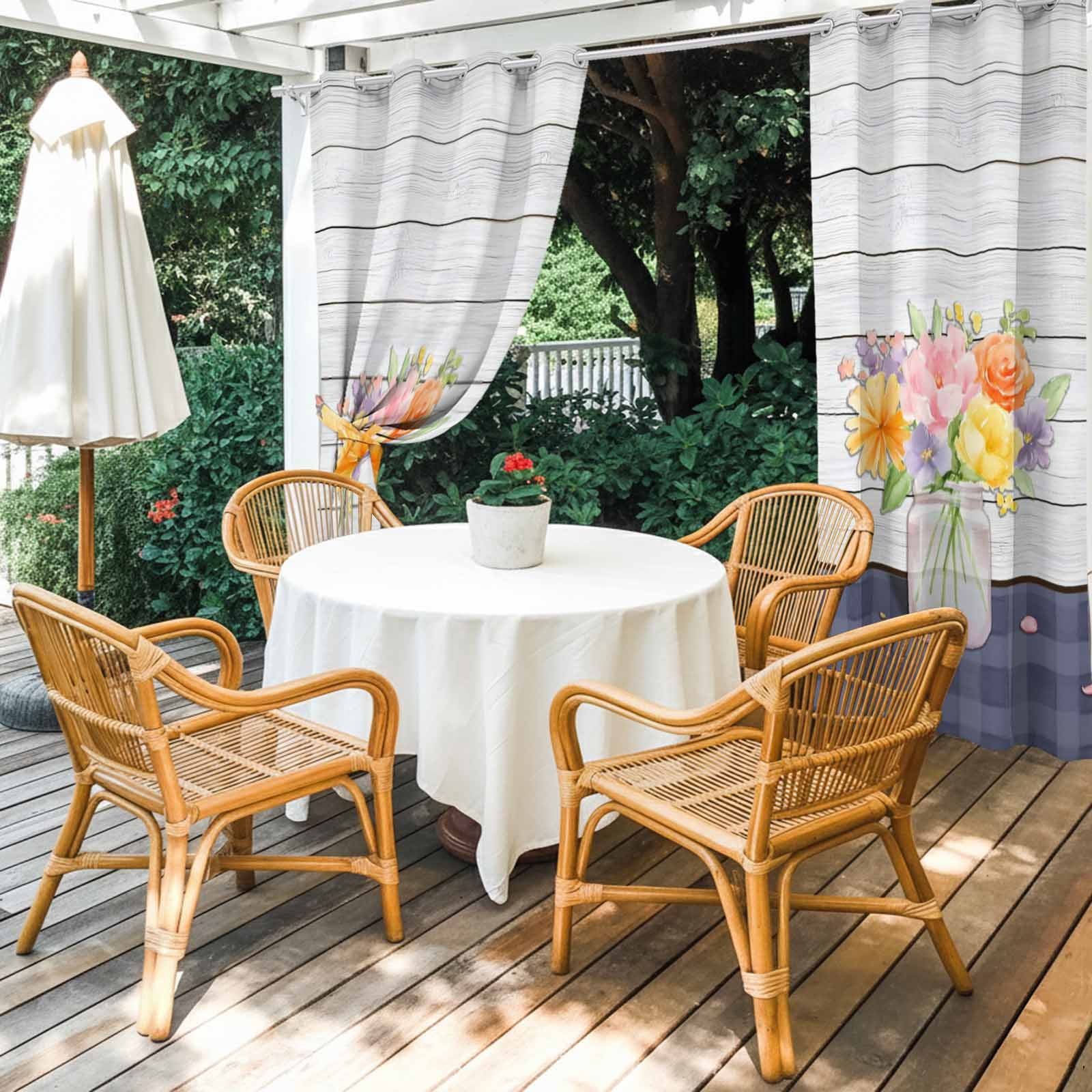 Spring Flower Outdoor Curtains for Patio, Country Farmhouse Floral Bouquet Wood Grain Blue Plaid Sunshade Privacy Drapes Grommet Waterproof Outside Curtains for Porch/Cabana/Balcony 54"x108", 1 Panel