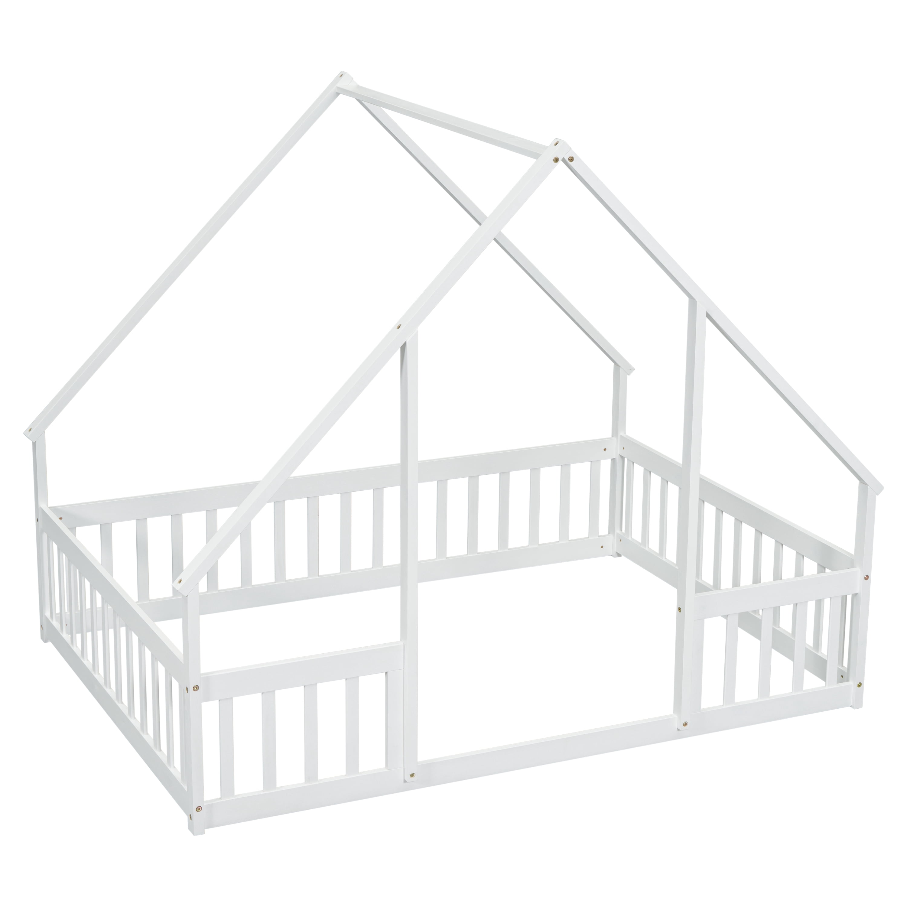Alvantor Full Size Floor Bed for Kids, House-Shaped Montessori Bed with Fence and Guardrails, White