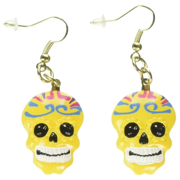 Pendientes del Día de los Muertos, diseño de calavera de azúcar, color amarillo deslumbrante