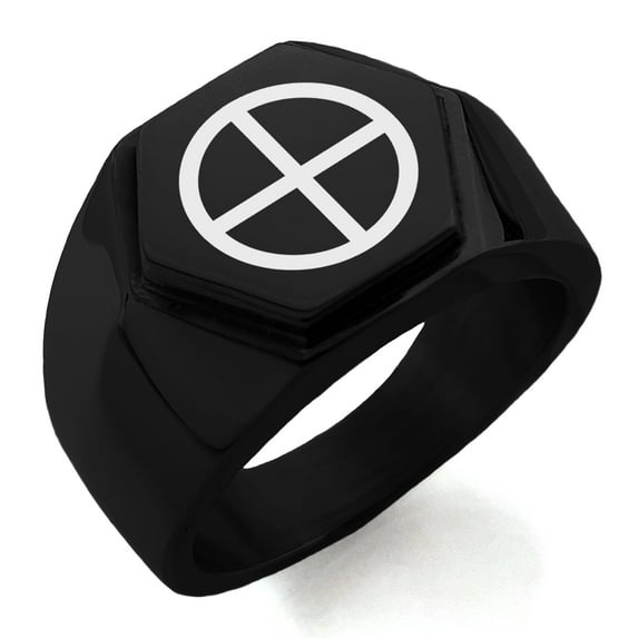 Stainless Steel Solar System Planetary Earth Engraved Hexagon Crest Flat Top Biker Style Polished Ring