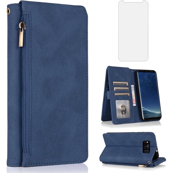 Asuwish Wallet Kickstand Hard Shell Cell Phone Case with Tempered Glass Screen Protector for Samsung Galaxy S8 Plus, Blue