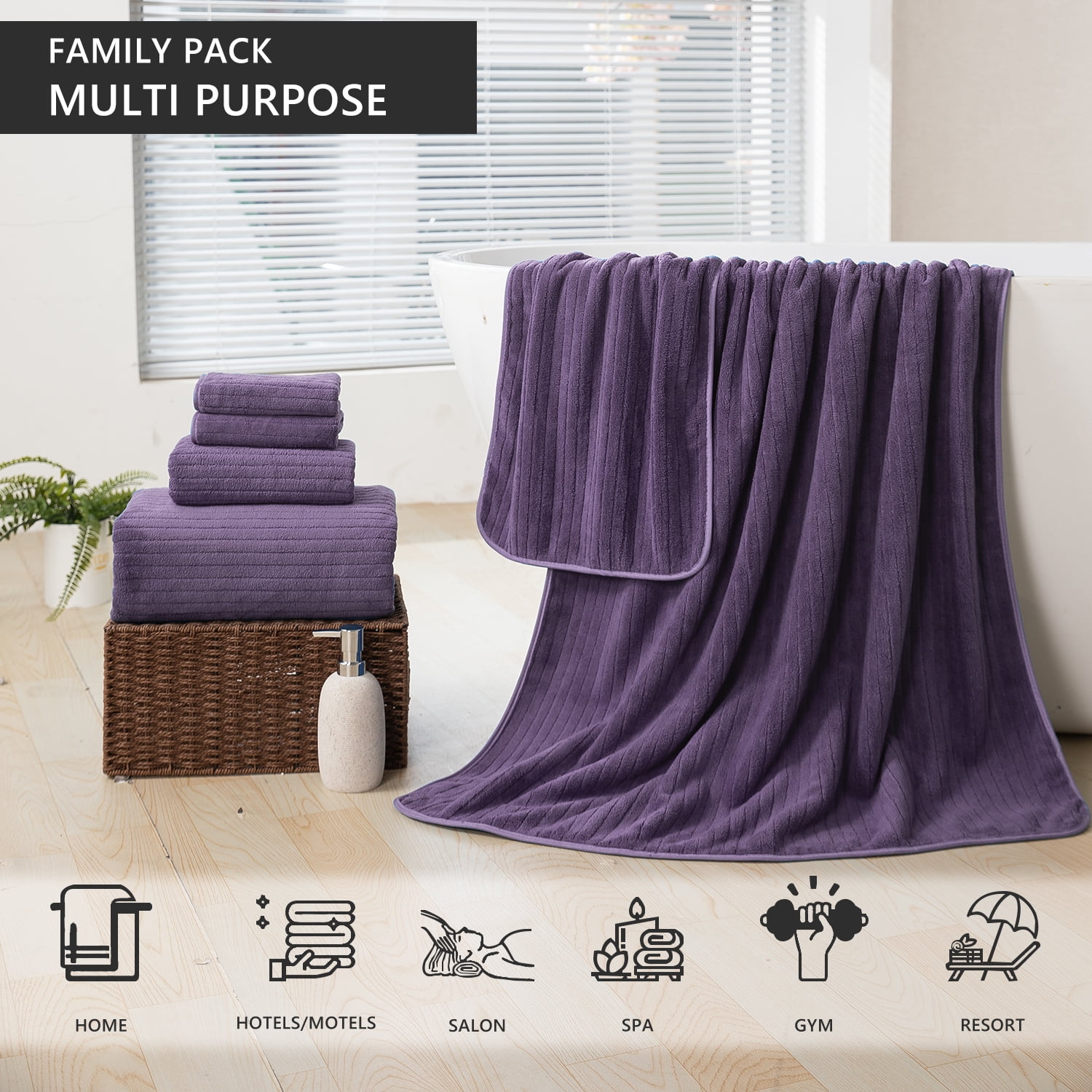 Covina Home 4 Pack Dark Purple Bath Towel Set Microfiber Bathroom Towel Set Ultra Soft Plush Oversized Towels Adult Luxury Bath Sheet