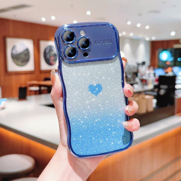 for iPhone 12 Pro Max Bling Glitter Case for Women Girls, Cute Wave Frame Curly Shape with Love Heart Pattern Raised Camera Protection Luxury Plating Shockproof Case for iPhone 12 Pro Max, Blue