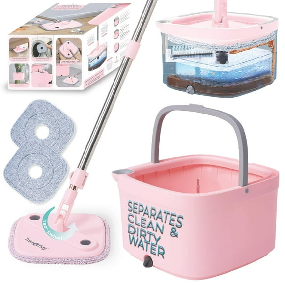 True & Tidy True Clean Mop And Bucket System, Includes Square Spin, Dual Compartment Mop Bucket And 2 Thick Machine Washable Pads New Upgraded With Side Brush & Self Standing Handle, Rose