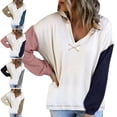 thumbnail image 3 of Sudadera con cuello en V y manga larga para mujer con hombros caídos, sudadera con capucha elegante con bloques de color rosa M, 3 of 5