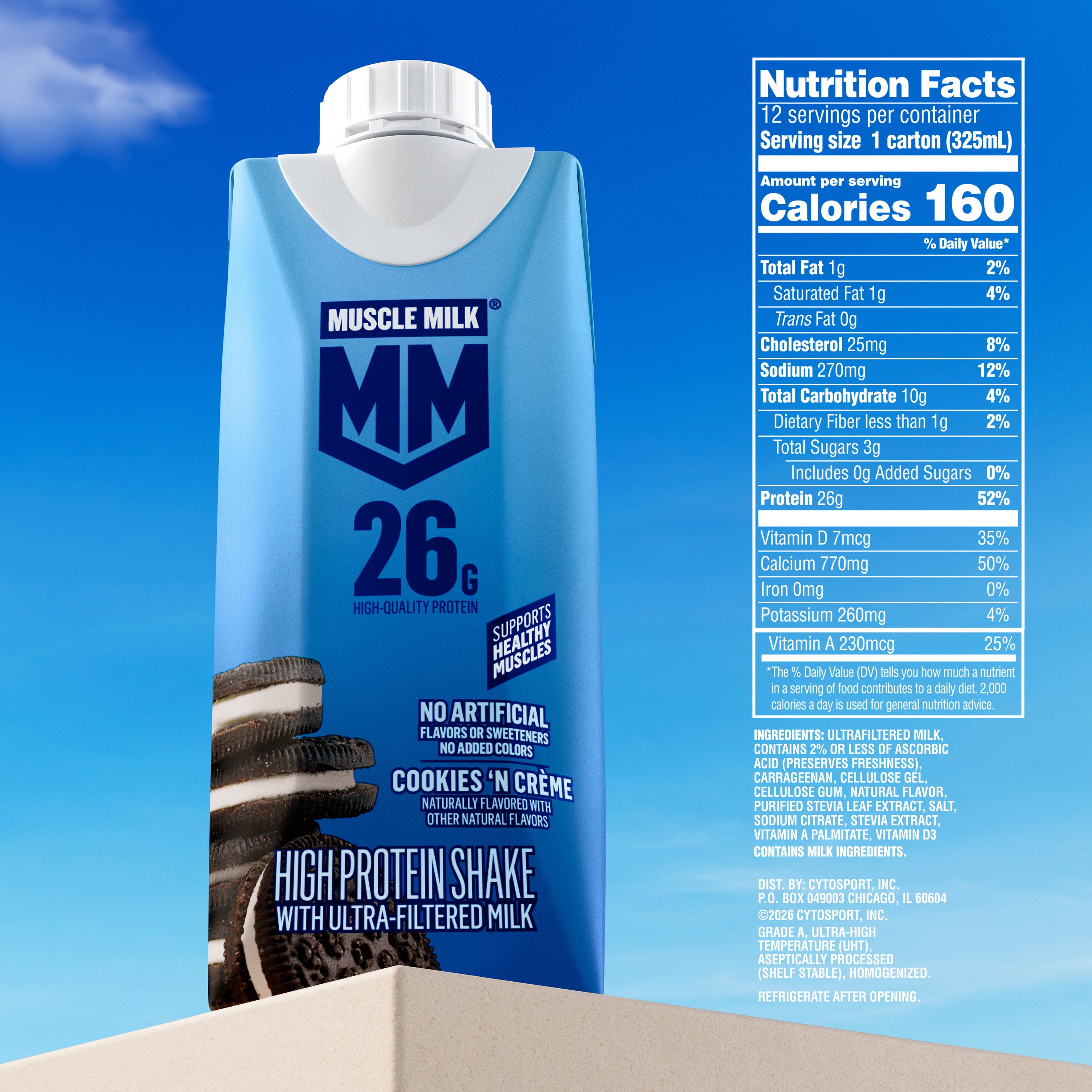 Muscle Milk 26g High Protein Shake, Cookies N Creme, Ultra- Filtered Milk  11 fl oz, 12 pack