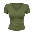 thumbnail image 3 of YODETEY Women’s V-Neck Side Ruched Short Sleeve Crop T-Shirt, Everyday Casual Stretch Slim V Neck Tee, Women's Plus,Size S-5XL, 3 of 7
