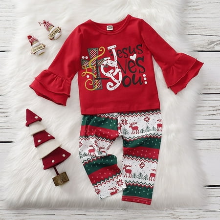Christmas Best Gift Toddler Kids Girl Pants Sets Red Flare Long Sleeve Letter Printed T-Shirts +Colorful Long Pants 2 Pieces (Best Price Outlets In India)