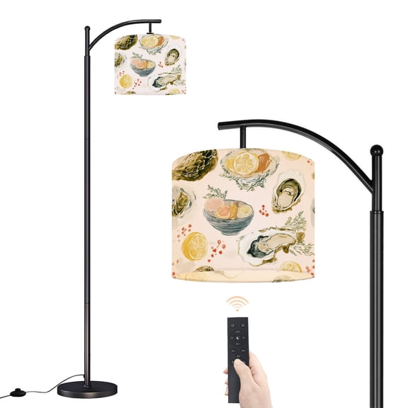 Arc Floor Lamp with Adjustable Lampshade Watercolor Oysters Lemon Herbs Standing Lamp 3 Color Temperatures Dimmable Tall Pole Lamp with Foot Switch for Bedroom