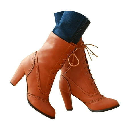 

Mepaouo Women s Mid Calf Boots Dressy Lace up Heels Combat Boots Goth Punk Ankle Booties(Brown 9)
