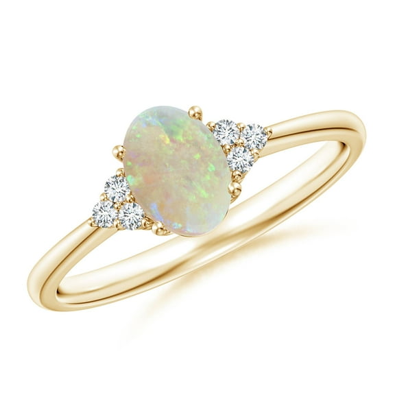 Angara Natural Opal Ring - Tapered Shank Oval Opal Ring with Trio Diamond Accent for Women | October Birthstone Jewelry | 14K Yellow Gold Opal Ring (Ring Size = 6)