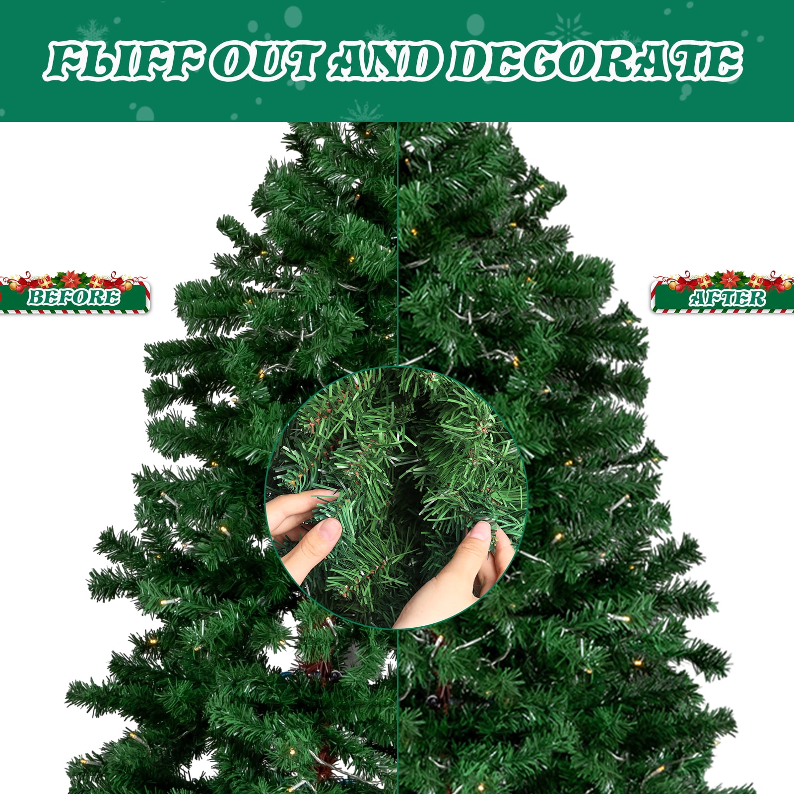 Astoutdoor 6 ft Santa Hat Style Pre-lit Christmas Tree, Hinged Artificial Pine Tree with 250 Warm White Lights, 839 Branch Tips, Green and White