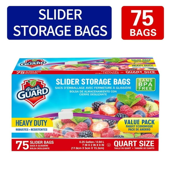 75 Slider Storage Bags - Heavy Duty Food Storage Bags - Zipper Seal Bags for Kitchen - Fresh Keeping Bags for Fruit, Vegetables, Meat & Grain - Reusable Food Bags