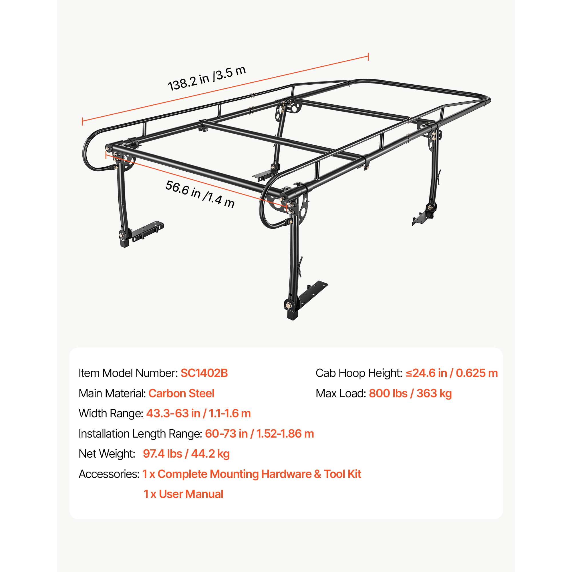 KFFKFF Universal Truck Ladder Rack with 800 lbs Load Capacity, Adjustable Width for Kayaks, Surfboards, and Lumber,Compatible with Short and Long-Bed Trucks,Non-Drilling/Drilling Installation Options