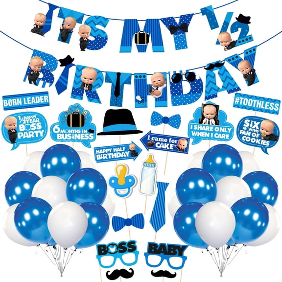 Baby Boss Half Birthday Party Supplies, Boss Baby 1/2 Birthday Party Decorations for Boys with Happy Birthday Paper Banner Photobooth Props Balloons(Pack of 44)