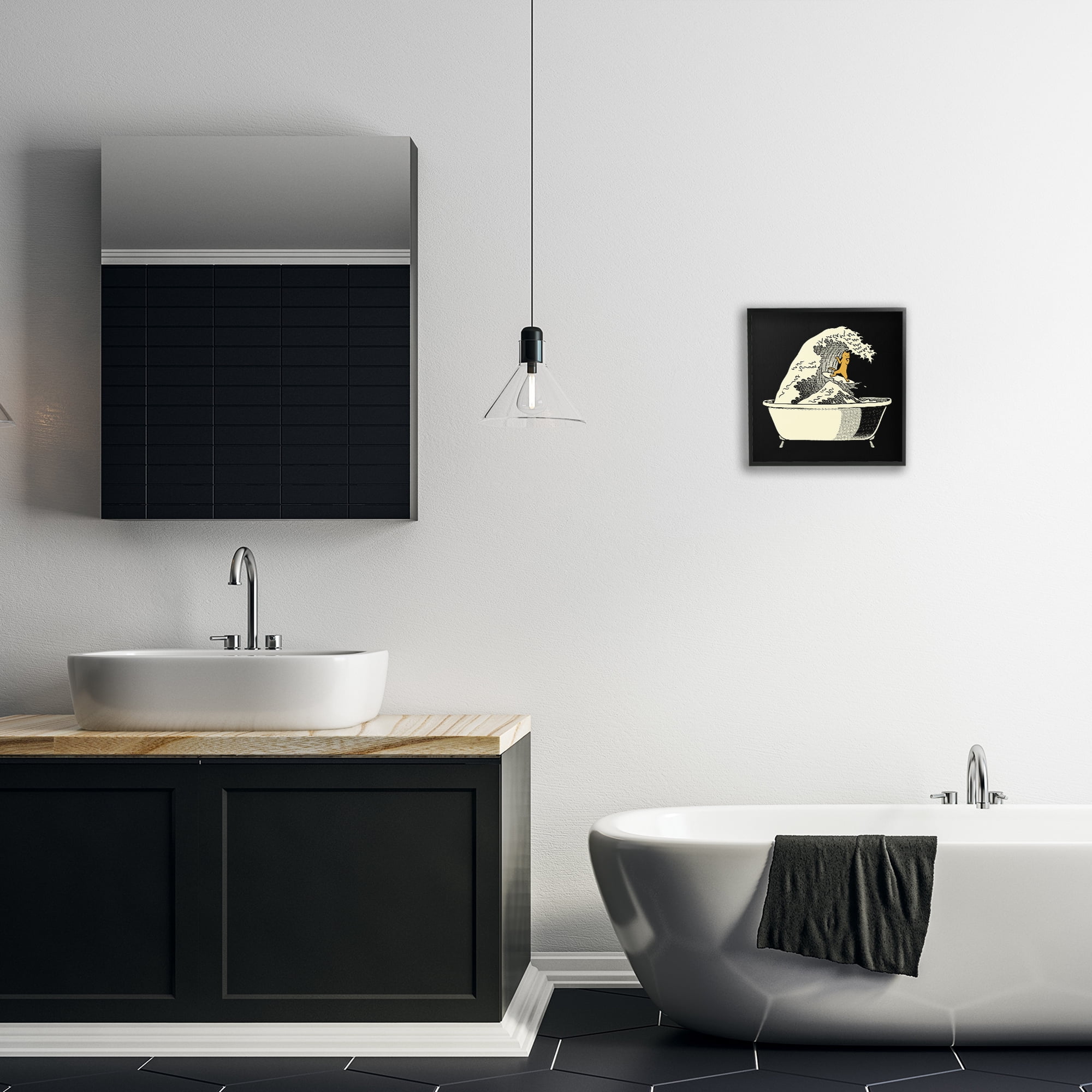 Stupell Industries Kanagawa Bathtub Cat Black Framed Giclee Art, design by Tobe Fonseca