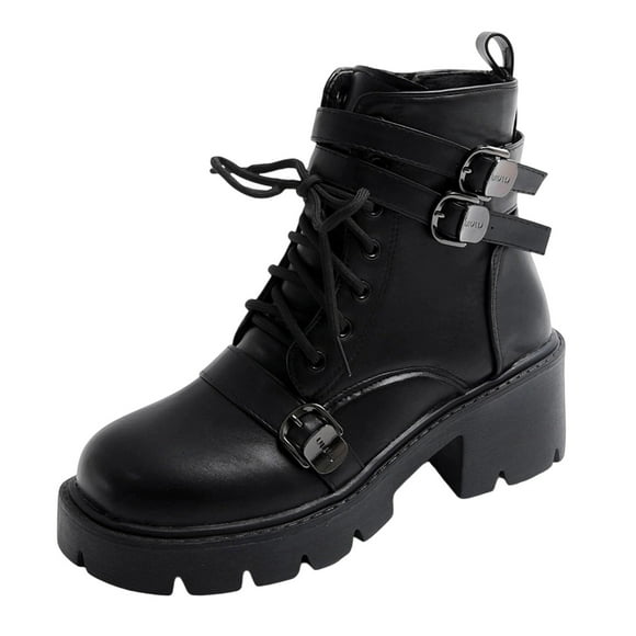 Wdhugt Women Fashion Ankle Boots Pu Patent Leather Chunky Heel Round Toe Tie Buckle Fall Winter Short Boots Us 6.5