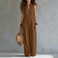 thumbnail image 7 of VBVC Women's Cotton Linen Button Front Jumpsuit , Sleeveless Baggy Overall For Women , Ladies' Summer Wide Leg Romper with Pockets, Brown , S-2XL, 7 of 7
